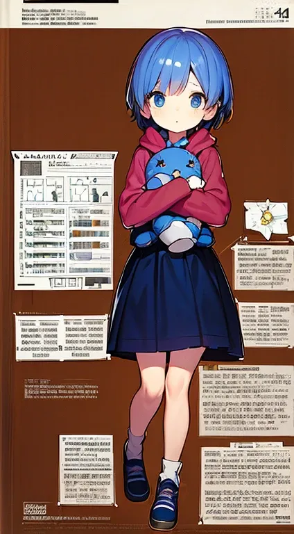 cute preschooler girl with a bunny plush in her hands, oversized cozy clothes,  short blue hair, ((character sheet)), (full body shot), crystal acessories