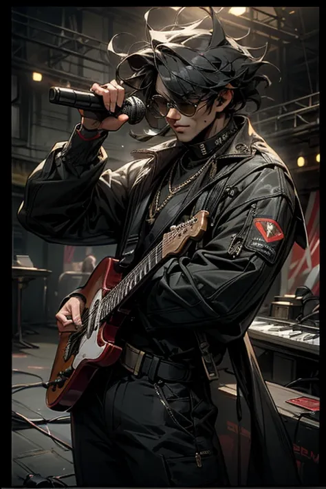 a man with one eye, sunglasses, holding a microphone, in a retro visual band scene, masterpiece, best quality, super detailed, super fine illustration, 8k, noise