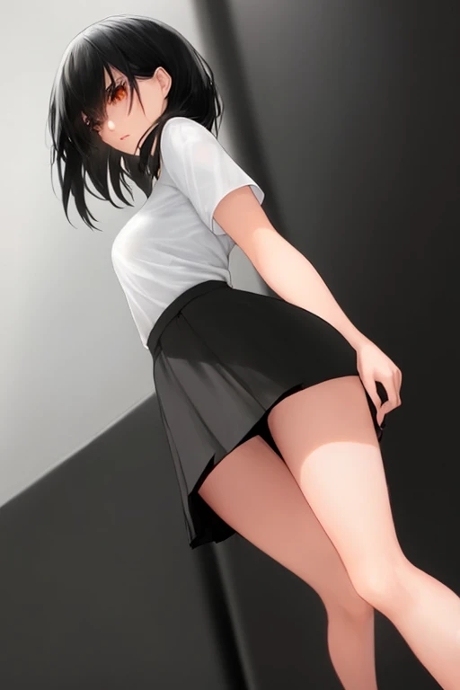 Girl with tight black hair wearing a tight  and short skirt