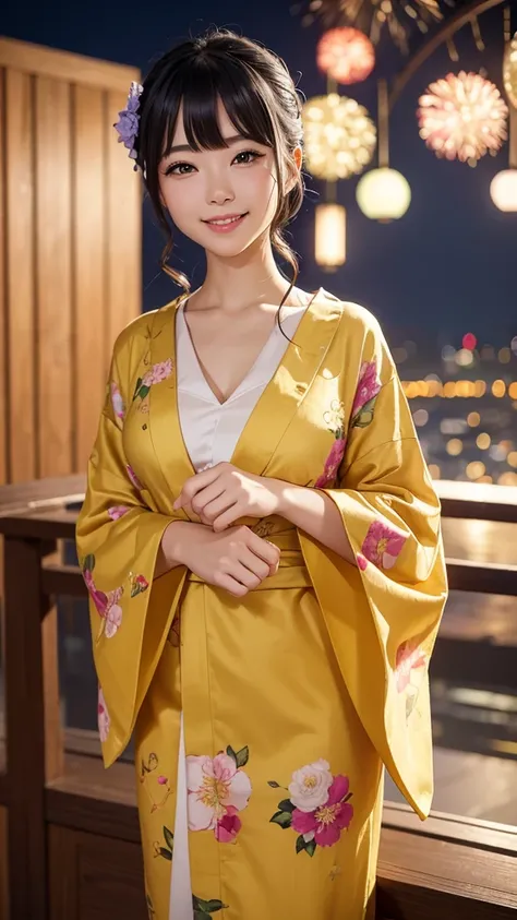 night、A glamorous atmosphere、firework、Matte fabric、Yellow large floral pattern yukata、Cotton kimono、stylish （night景、night、smile）、night空、bangs、No makeup、（masterpiece、8k,RAW Photos、High resolution:1.4）、girl&#39;Her calm expression is、Emphasizes a soft look.....