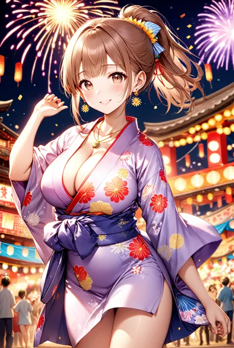 (Highest quality, 8k, 32K, masterpiece, Ultra-high resolution,:1.2),to be born, One Girl,So cute , nightのSummer festivalのようなファンタジー背景, clear, Shining Eyes, Age 25 ,Fair skin, Brown-haired girl, Fantasy Clothing, short hair, ponytail, An innocent smile, Larg...