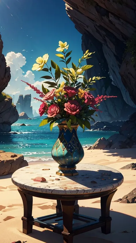 Landscape an ultra realistic digital illustration of a vase with ornamental details, filled with desert sand and precious stones such as ruby, emerald and agate. The vase is on top of a rocky structure, centered in the foreground with sand scattered around...