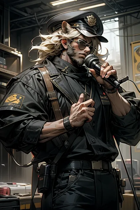 lion,male,young,policeman,sunglass, holding a microphone,in visual band scene,masterpiece, best quality, super detailed, super fine illustration, 8k, noise