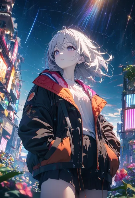 Angelic, detailed woman, Starry Sky, shooting star  , horizon, In the sky, city , Lens flare, colorful,coat, Put your hands in your pockets,(student, 18-year-old, ＪＫ, Her short silver hair sways, Pale skin,) Look up at the sky, Beautiful sky, The scenery i...