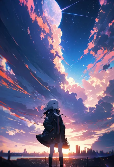 Angelic, detailed woman, Starry Sky, shooting star  , horizon, In the sky, city , Lens flare, colorful,coat, Put your hands in your pockets,(student, 18-year-old, ＪＫ, Her short silver hair sways, Pale skin,) Look up at the sky, Beautiful sky, The scenery i...