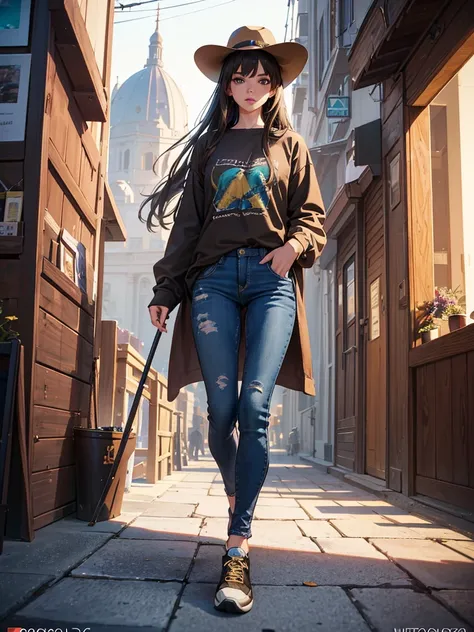 1 thin young woman, long loose straight brown hair, beautiful detailed eyes, beautiful detailed lips, extremely detailed eyes and face, longeyelashes, wearing a long sleeve brown shirt under a teal blue t-shirt, jeans, sneakers, worn brown bucket hat, carr...