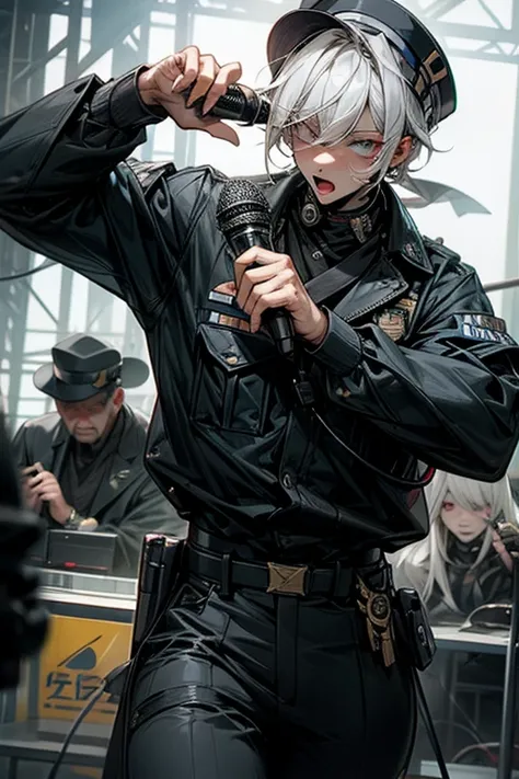 visual band,ライオン男,vocal,perfect face,cool,police man,holding a microphone,