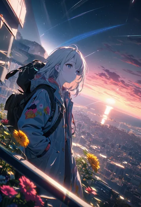 Angelic, detailed woman, Starry Sky, shooting star , horizon, In the sky, city , Lens flare, colorful,coat, Put your hands in your pockets,(student, 18-year-old, ＪＫ, Her short silver hair sways, Pale skin,) Look up at the sky, Beautiful sky, The scenery is...