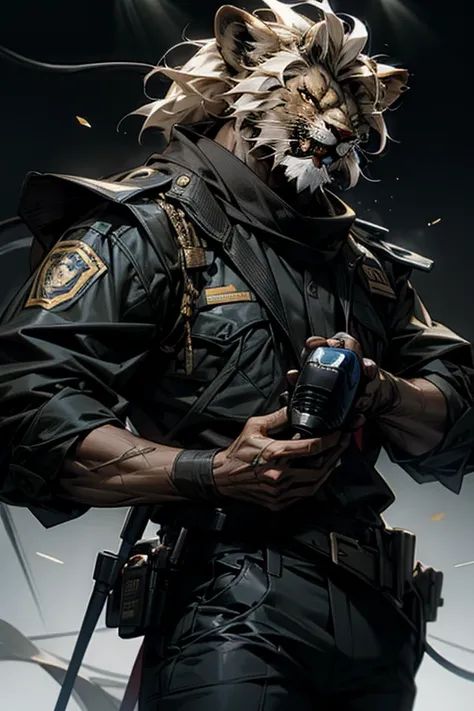 Lion,male,vocal,cool,Police Officer,holding a microphone,hard boiled,masterpiece,