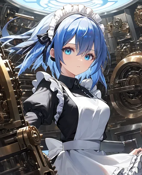 (masterpiece), Highest quality, 1 person, Android, woman, Blue Hair, Bob, Light blue eyes, Maid clothes, Machine Body, Expressionless, spirit, Fantasy, High resolution