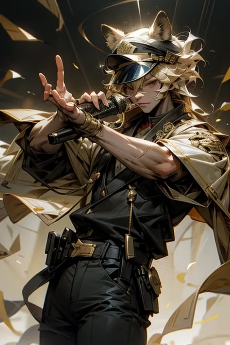 Lion ears,male,vocal,cool,Police Officer,holding a microphone,Visual Kei,Sun visor,masterpiece,best quality,super fine illustration,Blonde,gold effect,perfect finger,perfect hands,