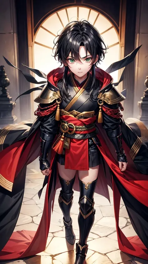 アニメ, 18 year old boy, {Perfect and detailed face},[perfect nose], {Bblack hair}, {[very detailed green eyes]},{visible lips}, {[(full body 5.0)]}, {black and red armor with rich details},{red kimono}, {facing the front, looking at camera},{at a forest}