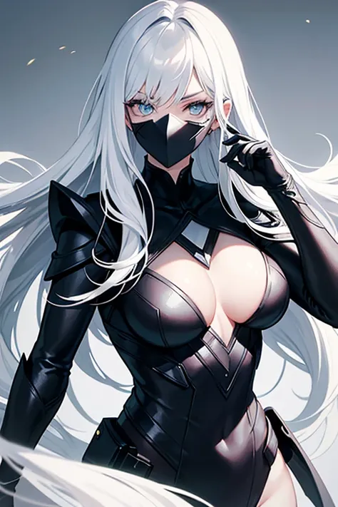 Superheroine drawing (women) stylized black suit, mask on the face, White hair, white skin and light eyes