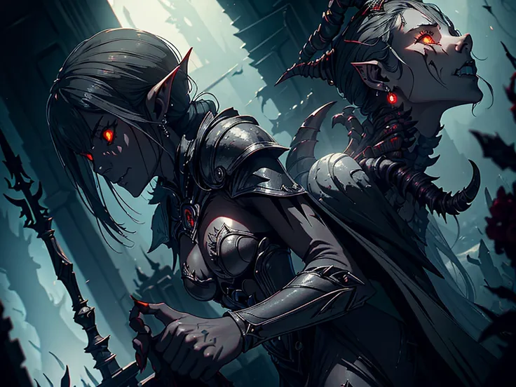 1girl, horror, dark elf princess, elden ring, (dark grey skin:1.5), true white long ponytail, ((perfect red eyes)), elf ears, earrings, detailed blood, highly detailed mechanical horns, (small breasts), ((black gothic prom dress)), wearing black fur cloak,...