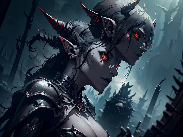 1girl, horror, dark elf princess, elden ring, (dark grey skin:1.5), true white long ponytail, ((perfect red eyes)), elf ears, earrings, detailed blood, highly detailed mechanical horns, (small breasts), ((black gothic prom dress)), wearing black fur cloak,...