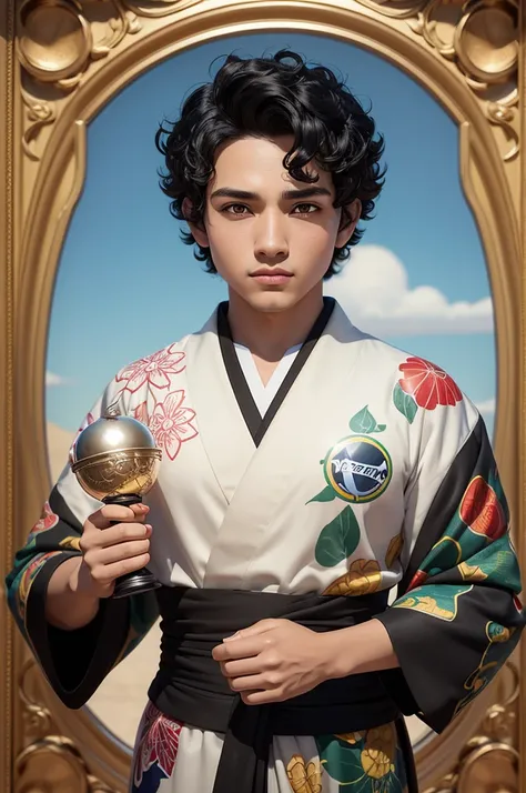 3d character, boy with curly black hair, beautiful brown eyes circular reflective eyes, with white kimono with Brazil print Vasco da Gama logo on the chest, holding a trophy (film composition), (Pixar-style:1.2)  (Disney: 1.2), (animated cartoon: 0.2), (be...