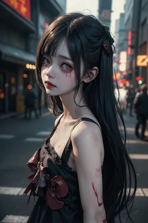 Highest quality, masterpiece, look up, cute,(Horror),(((Beautiful zombie girl))),Dead,Trying to bite,(((Bleeding,Injured))),(((Shedding tears of blood))),((口からBleeding)),((Covered in blood)),((Bitten all over the body)),((Sexy)),(sexy),((Small breasts)),Ba...