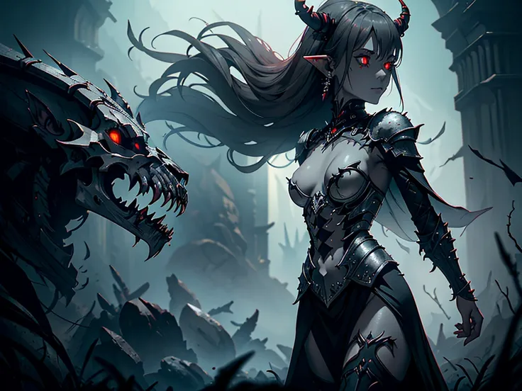 1girl, horror, dark elf princess, elden ring, (dark grey skin:1.5), true white long ponytail, ((perfect red eyes)), elf ears, earrings, detailed blood, highly detailed mechanical horns, (small breasts), ((black gothic prom dress)), wearing black fur cloak,...