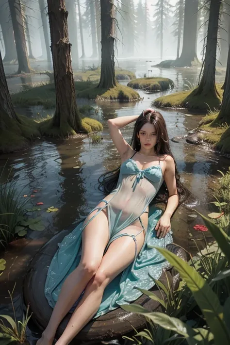 A girl lies in a swamp covered in blood, dark hair and blue eyes., full body physique , lifeless body , forest swamp , nightgown , blood