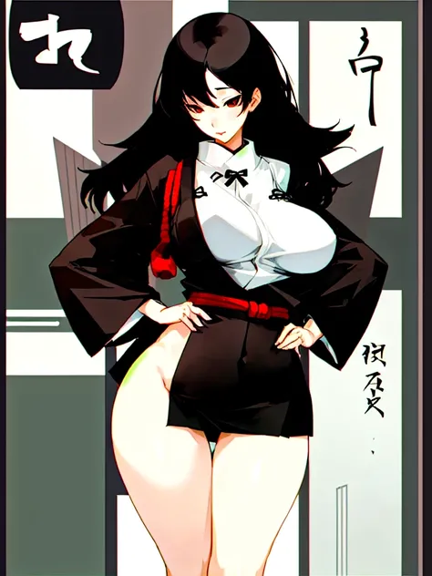 Girl with tight black hair wearing a tight Japanese-style  that is semi-open in the chest area and with a short skirt that reaches below the buttocks, big tits and big ass