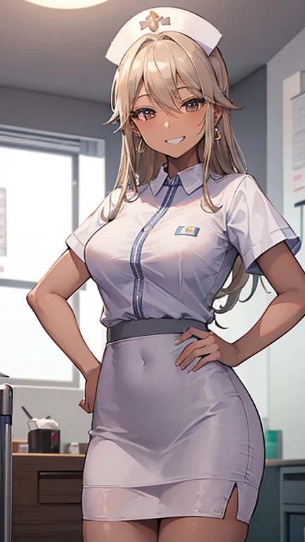 ((masterpiece、Highest quality、Very detailed))、One Girl、((Brown Skin:1.3))、blonde、Long Hair、Grey Eyes、Wicked Smile、((Grin))、Earrings、Large Breasts、Nurse cap、((nurse))、((Pencil Skirt))、((mini skirt))、Cowboy Shot、((Hospital room background))