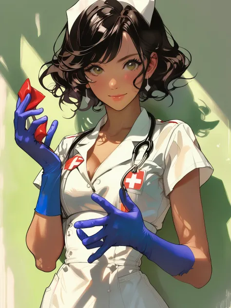 26 y.o sexy nurse, putting on rubber gloves, detailed eyes, natural skin, hard shadow. Style by J.C. Leyendecker. Style by Makoto Shinkai