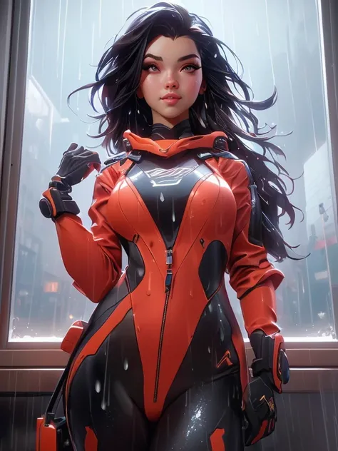 a close up of a woman in a wetsuit posing in front of a window, ilya kuvshinov. 4 k, alena aenami and artgerm, lois van rossdraws, rossdraws 1. 0, wet from rain, :: rossdraws, sexy girl, ross tran 8 k, artwork in the style of guweiz, wet shiny skin