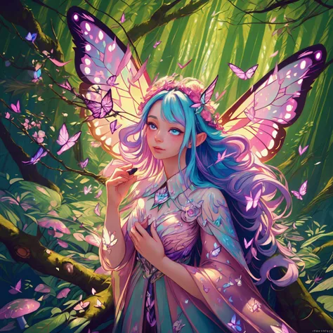 a fairy with multi colored wings of light flying through an enchanted forest,1girl,extremely detailed face and eyes,gorgeous fai...