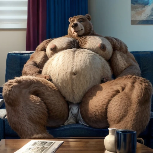 Bear,huge belly,rubbing belly,muscular pecs,big legs,sit,background sofa