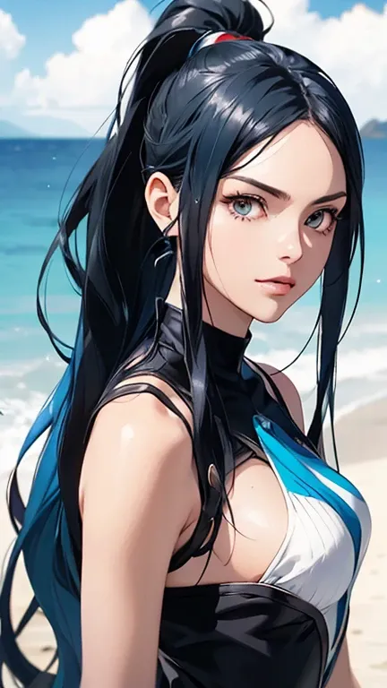  (full-length portrait）,a close up of a woman with a very long hair,(high ponytail), (blue color hair) ,near the ocean, detailed digital anime art, photorealistic anime girl render,  extremely detailed artgerm, ig model artgerm, realistic anime 3 d style, ...