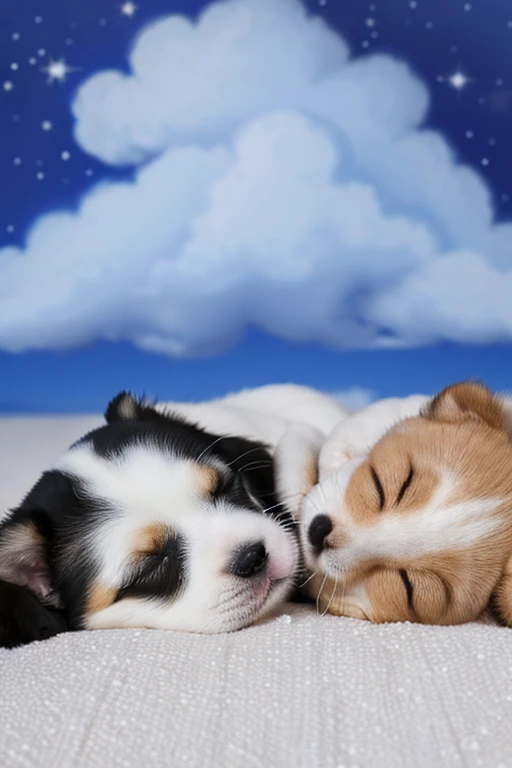 Two adorable puppies sleeping in the clouds. Ultra-detailed, 4K, high resolution, best quality, masterpiece. Surrounded by white clouds (emphasis: 1.6) with a starry night sky in the background. The puppies are sleeping with their eyes closed, smiling happ...