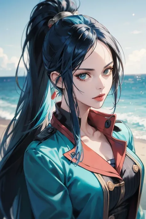 (full-length portrait),(pirate costume),a close up of a woman with a very long hair,(high ponytail), (blue color hair) ,near the ocean, detailed digital anime art, photorealistic anime girl render, extremely detailed artgerm, ig model artgerm, realistic an...