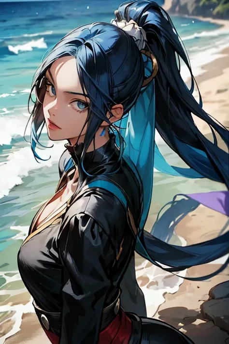 (full-length portrait),(pirate costume),a close up of a woman with a very long hair,(high ponytail), (blue color hair) ,near the ocean, detailed digital anime art, photorealistic anime girl render, extremely detailed artgerm, ig model artgerm, realistic an...