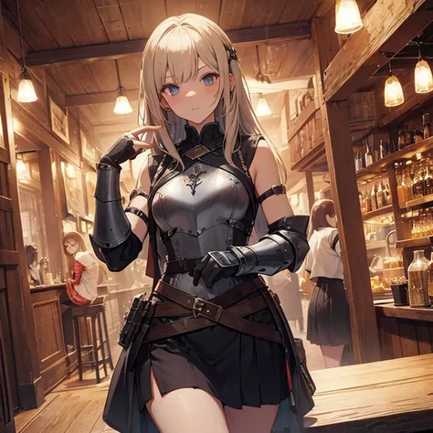 A group of  female medieval fantasy adventurers, (in tavern), various hair styles, harem, night, details face, short skirt, seducing, sleeveless, armor 