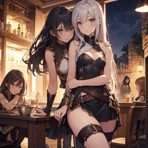 A group of  female medieval fantasy adventurers, (in tavern), various hair styles, harem, night, details face, short skirt, seducing, sleeveless, armor 