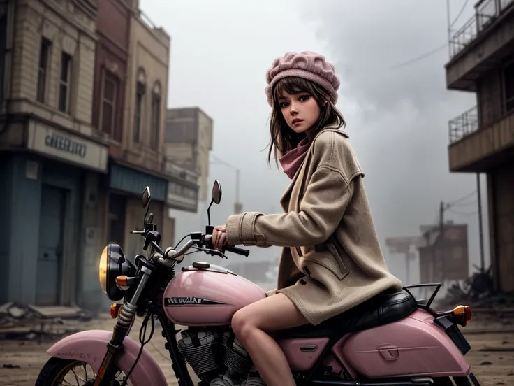 masterpiece, highest quality, (solo focus), (perfect face:1.1), (high detail:1.1), 1girl, brown hair, blue eyes, (pink, cream, and brown clothes), large scarf, ((cream pea coat)), brown short skirt, (((pink newsboy hat))), detailed background, wasteland, l...