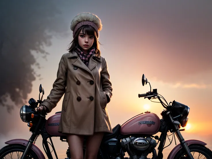 masterpiece, highest quality, (solo focus), (perfect face:1.1), (high detail:1.1), 1girl, brown hair, blue eyes, (pink, cream, and brown clothes), large scarf, ((cream pea coat)), brown short skirt, (((pink newsboy hat))), detailed background, wasteland, l...