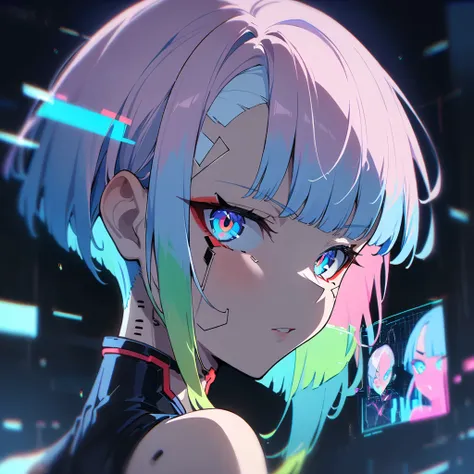 1 girl, one, lucy \(cyberpunk\), cyberpunk \(row\), asymmetrical hair, short hair, blue hair, green hair, pink hair, multicolore...