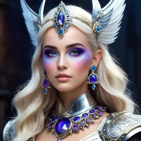 Create a digital portrait of an elven woman with long, flowing white hair and piercing violet eyes. She has pronounced, pointed ears and a sophisticated facial structure with full lips. The character wears intricate, dark armor with spiky pauldrons, adorne...