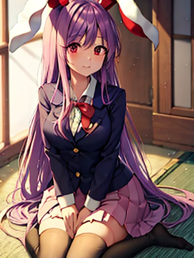 highest quality、masterpiece、touhou project 、reisen udongein inaba、navy blue blazer、pink skirt、navy blue knee socks、tatami room、s...