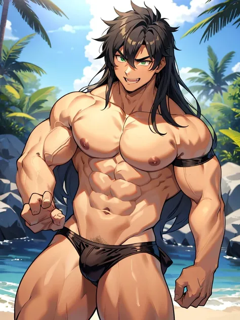  male boy bodybuilder flexing sexy in a beach, spoiled boy, arrogant attitud, indulged rich boy, anime style, rich boy, sexy thongs, arrogant smiling, 23 years old, handsome, long hair, sexy haircut, mullet haircut, big & heavy muscle, big legs, defined bo...