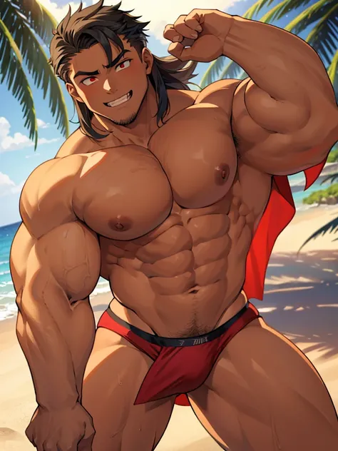  male boy bodybuilder flexing sexy in a beach, spoiled boy, arrogant attitud, indulged rich boy, anime style, rich boy, sexy thongs, arrogant smiling, 23 years old, handsome, long hair, sexy haircut, mullet haircut, big & heavy muscle, big legs, defined bo...