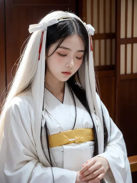 (1 girl, white long straight hair, closes eyes), kimono, face focus, (16 years old girl), sleeping 