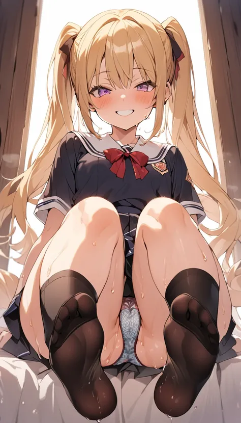 beautiful girl、14 years old、Twin tails、Pleated skirt、Black knee socks、Highest quality, smile,Sit with your legs apart、Patterned panties、Sweaty buttocks、Sweaty crotch、Low Angle、Cowboy Shot、Show the soles of your feet、Steam from the soles of the feet、Sweaty ...