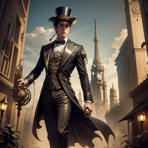 Create a dark and surreal steampunk artwork featuring a solitary man standing in the middle of a deserted street. The man should be wearing a vintage, dark suit, a top hat, and holding a cane. The scene should be moody and atmospheric with a dark color pal...