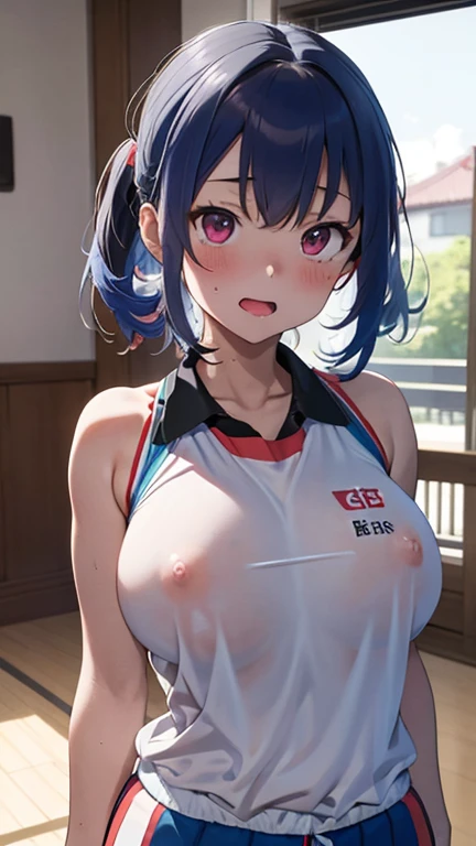 mastute piece,Best Quality,insanely detailed,8k cg,nsfw,
(shoot upper body:1.3),
(1girls:1.3),standing,looking at viewr,body in front,both arms behind back,(badminton-uniform:1.3),(bare breasts:1.2),(bare nipples:1.2),
break,
blush,shy,(ecstasy face),(trem...