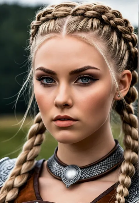 Create an image of a stunningly gorgeous beautiful realistic viking girl, stunningly gorgeous beautiful perfect sexy face, stunning makeup, hair in bun, large breast, slim waist, sexy hips, traditional viking braids, traditional viking armor,