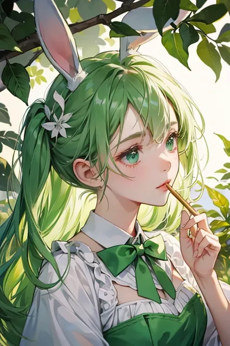 A basic face green pop with juice seeping down the right of her head and two wooden sticks to resemble bunny ears, held with a leaf bow. SPARKLE; GLITTER