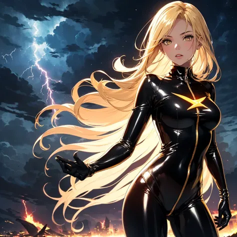 Top-quality, best quality, masterpiece, 1girl(18 years old, long blonde hair, golden eyes, medium breasts, slender body), full latex bodysuit(jet black, gold highlights, gold lightning symbol on chest), floating in the sky, background(dark clouds, night sk...