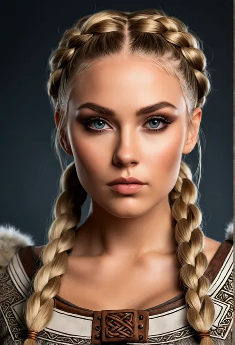 Create an image of a stunningly gorgeous beautiful realistic, stunningly gorgeous beautiful perfect sexy face, stunning makeup, hair in bun, large breast, slim waist, sexy hips, traditional viking braids, traditional viking outfit,